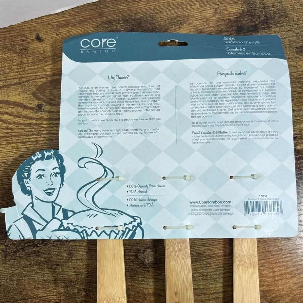 Core Bamboo Utensils Set of 3 Expressions French Engraved Kitchen Tools New